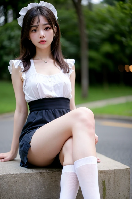 undergarment, photo of 15 years old girl, cute little, ((KPOP Idol)), ((Lace panties, pantyshot,White panties are visible))、 ((Physical education sitting、Sitting on the grass with both hands holding knees、A-shaped legs)), A dark-haired, blurry backround, knee high,all nude,full nude, head rest, Shot from below the front, plein air, masterpiece, top-quality, ultra-detailliert、neatly trimmed lawn,sitting on a small wooden stand,Carefree smile,Photographed from below,neatly trimmed lawn,