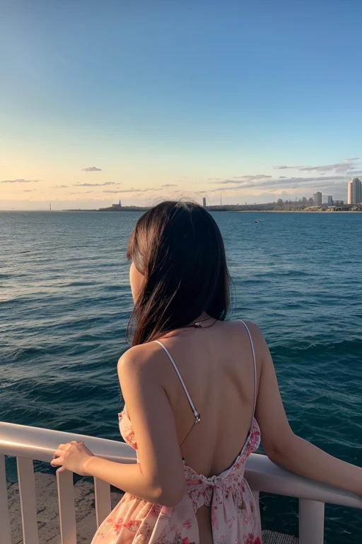 Woman in bikini sitting on a boat looking at the sunset, em um barco, em um barco em um lago, na proa, in the sunset, her back is to us, looking at sunset, with sunset, great view, with a sunset, tiro pelas costas, Sunset view, in the sunset, lit from behind