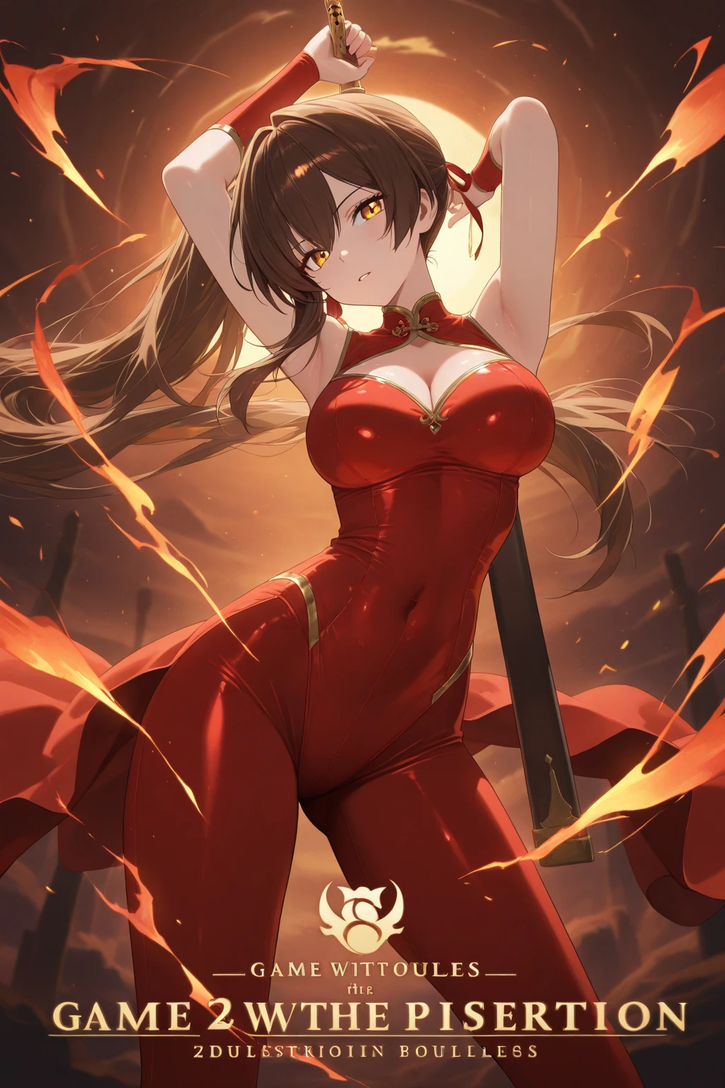 masterpiece, best quality, 1girl, solo, thighhighs, chinese-clothes, gloves, very-long-hair, dress, hair-bun, twintails, china-dress, red-dress, double-bun, black-thighhighs, brown-hair, brown-eyes, full-body, red-footwear, pelvic-curtain, looking-at-viewer, bandages, blush, standing, breasts, bangs, armlet, sleeveless, fighting-stance, sleeveless-dress, brown-gloves, bare-shoulders, v-shaped-eyebrows, bandaged-arm, side-slit, leg-up, medium-breasts, gradient-hair, boots, ankle-boots, floating-hair, closed-mouth, simple-background, hand-up, blunt-bangs, sash