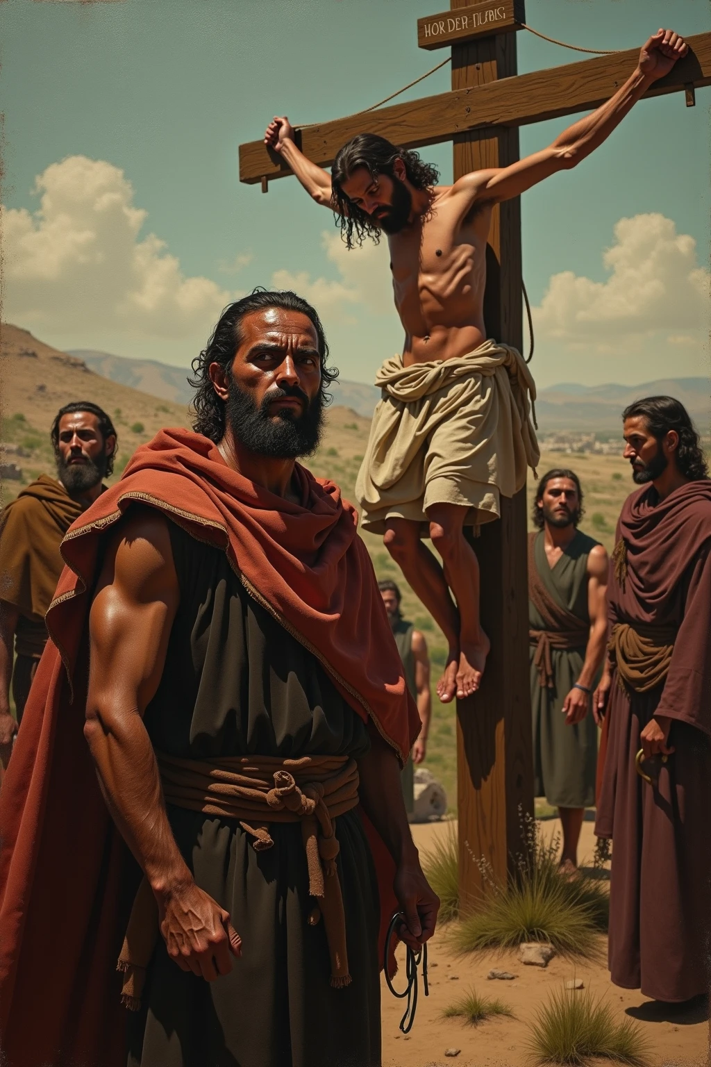 Jesus, nailed to the cross, 1st-century, blood-stained robe, on the hill of Golgotha, hanging between two thieves, dark clouds gathering in the sky, medium shot, hyper-realistic, photo realism, cinematography --ar 9:16