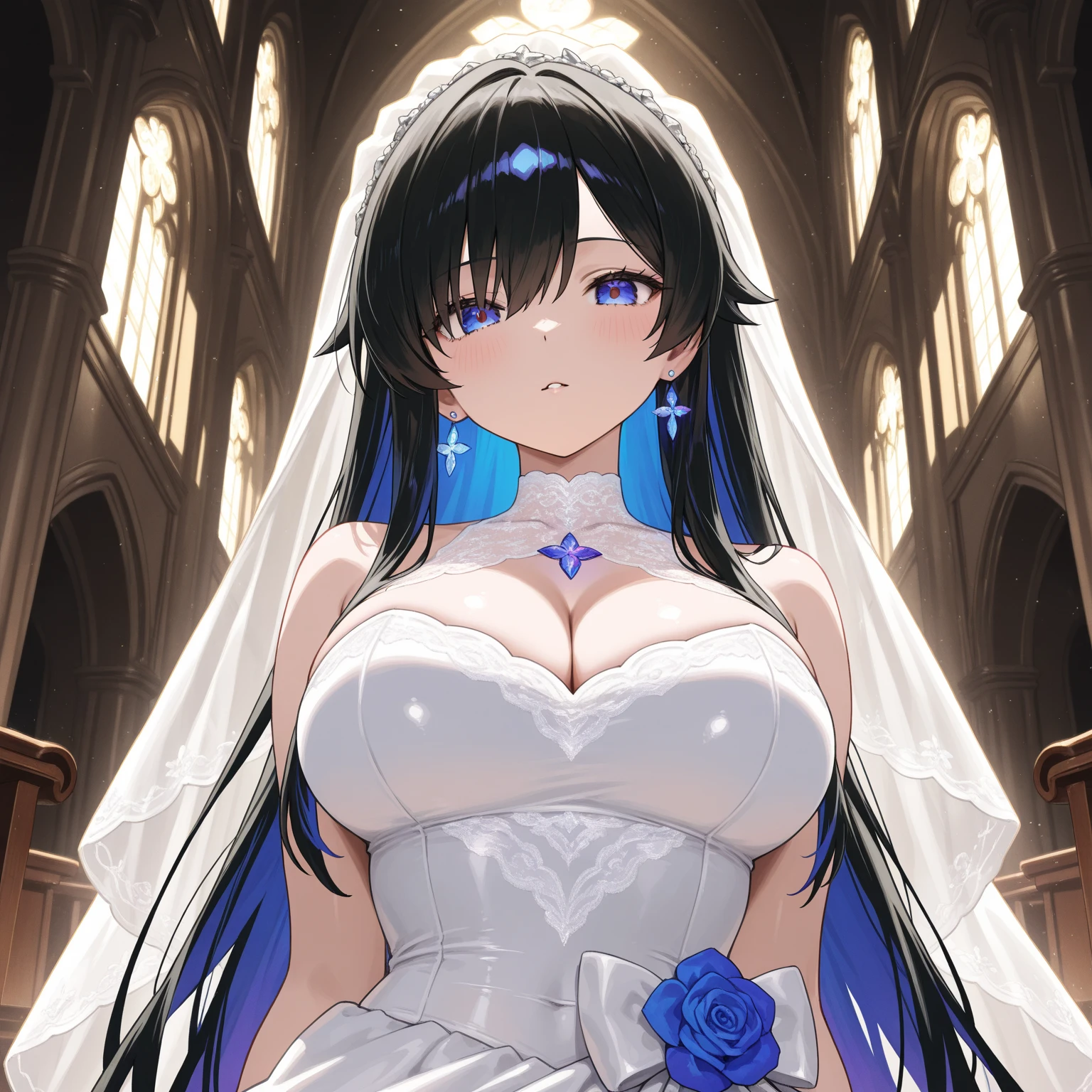 (1girl), himejima_akeno, black hair, ponytail, ((very long hair)), ribbon,), huge tits, purple Flowers, in a wedding dress, church, bridal veil,
