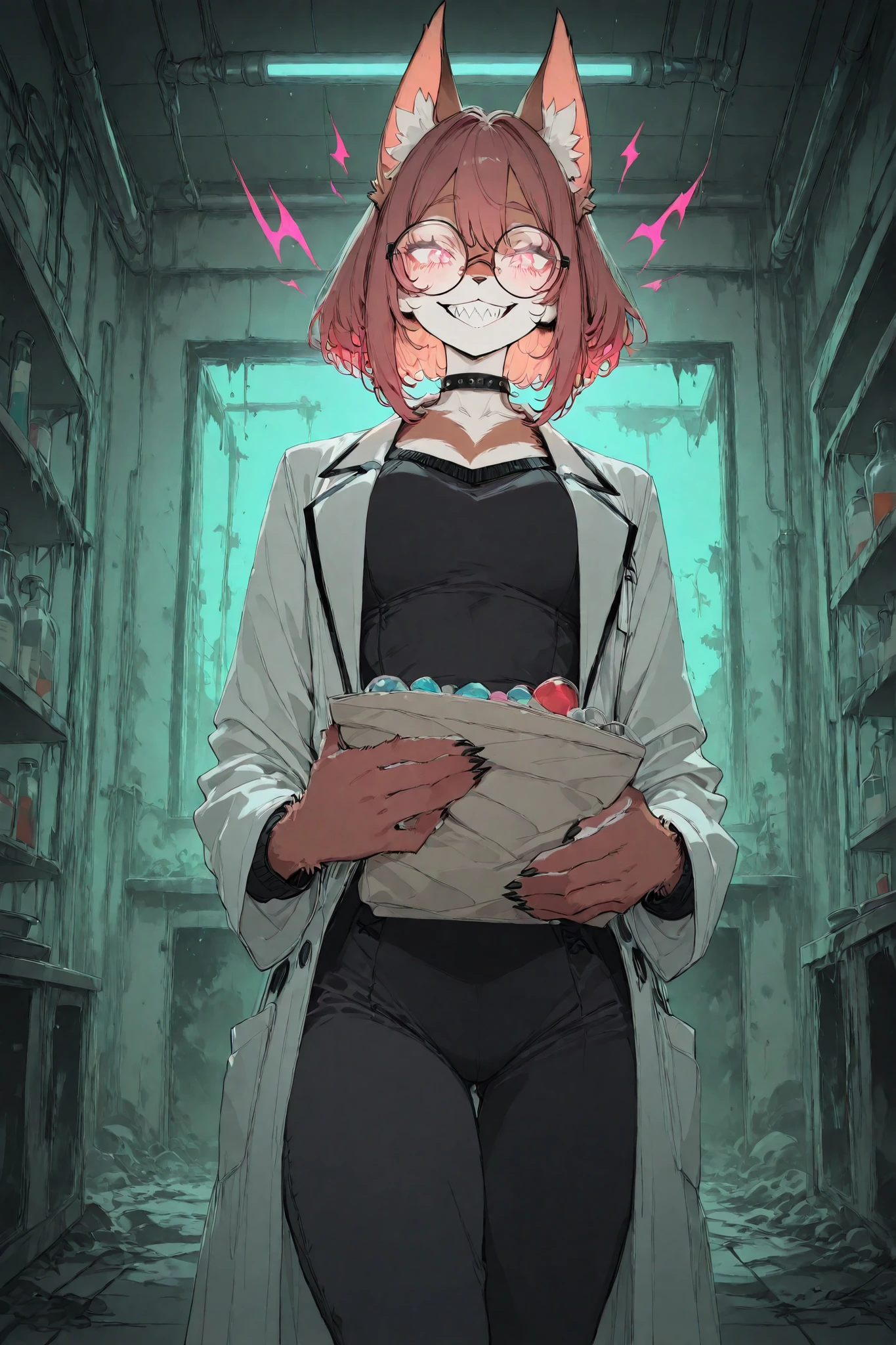 Woman, Monster Cat (fur from below), Wearing a white coat, black trim, Laugh Brutally,  BIG SHARP TEETH , Put on narrow-framed glasses, Demon Aura, in an abandoned laboratory,