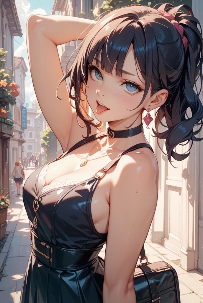 (Masterpiece,: 1.2, Best Quality), (1 Lady, Solo, Upper Body: 1.2) Short dark blue hair, Clothing: flowing skirt, short blue shoulder-length hair Accessories: Hairpins, Hair: Short blue shoulder-length hair Makeup: natural, glowing skin, Behavior: relaxed, carefree, beckoning back, back, smiling Location: Prom, blue eyes, extremely large breasts, short blue shoulder-length hair