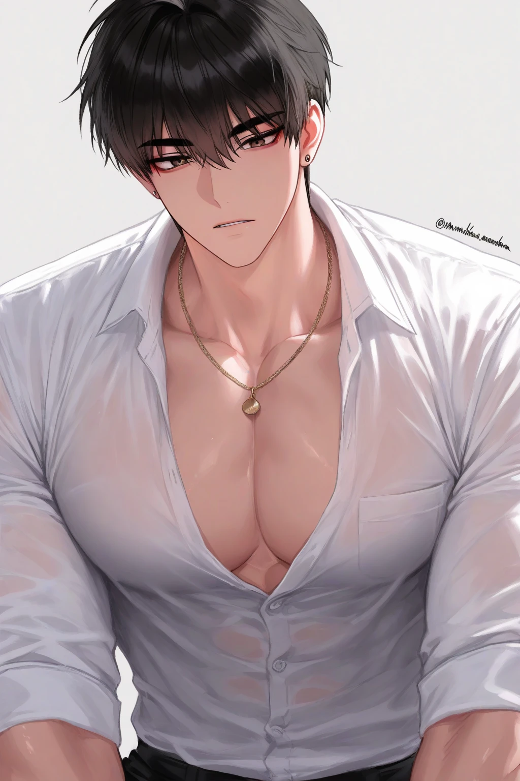 colorful,highest detailed, Young 18 years old Male with realy dark brown puffy hair, one light blue eye purple eye, handsome, casual clothes, beautiful serious eyes, gangster, slicked right with bangs hairstyle, toned muscle, japanese styled tatoo fully covering his right arm, yakuza member