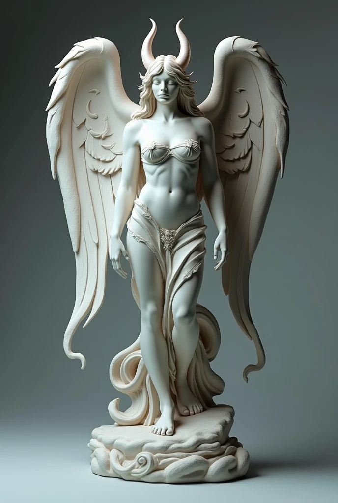 Central Figure: Lucifer Style: An angelic and imposing figure, with open wings and a majestic posture. The appearance can mix characteristics of both an angel and an infernal entity., like a combination of heavenly beauty and a touch of rebellion.
Appearance: Details like a luminous aura around the head or an intense glow around the wings to symbolize light. The figure can be sculpted with a touch of modernity, using clean lines and soft shading.