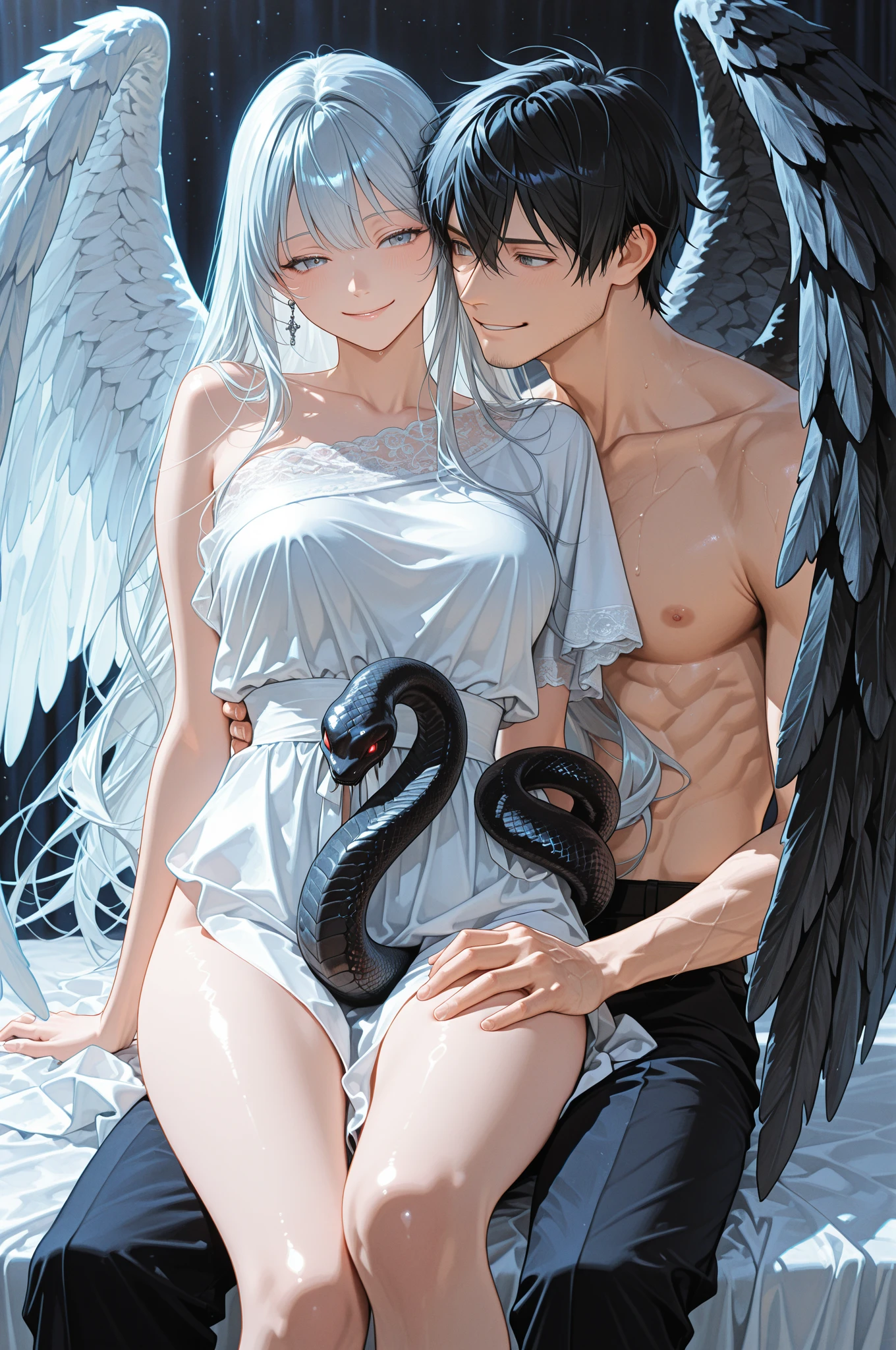 Draw me anime of a mature woman with long white hair,she had a red eye,beside her there was muscular man with short hair colour black,and black wings behind him. They're hugged each other, background aesthetic behind them,(masterpiece, top quality, best quality, official art, beautiful and aesthetic:1.2), extreme detailed, (fractal art), (black and white:1.5), (a girl embracing a shadow man in all black:1.5), (embracing), (tragic), large angel wings, dynamic angel, long hair flowing, occult, (oil painting), gloomy, holy, black background, side view, white hair