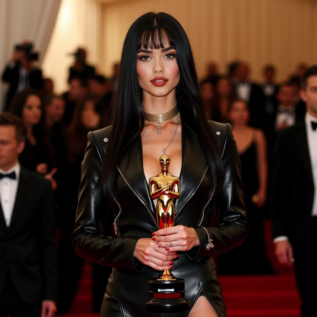 woman with tanned skin color, long black curly hair and brown eyes at the met gala with a black swan dress, extmulherravante with feathers and very flashy and stylish hair 