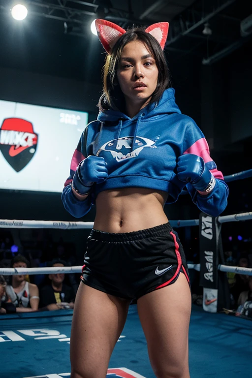 Looks like Kajal Aggarwal,slightly chubby,wearing black boxing gloves,black boxing gloves,boxing ring,sweaty,tired,exhausted,arms raised,both arms up,boxing gloves on both hands, intricate details, red outfit,(ArtStation:1.2),armpits,sweat,sweaty,sweaty armpits,arms up,showing armpits,awesome armpits,eyeroll,red outfit, red blue arm warmers,red arm bands,reddish blue arm warmers