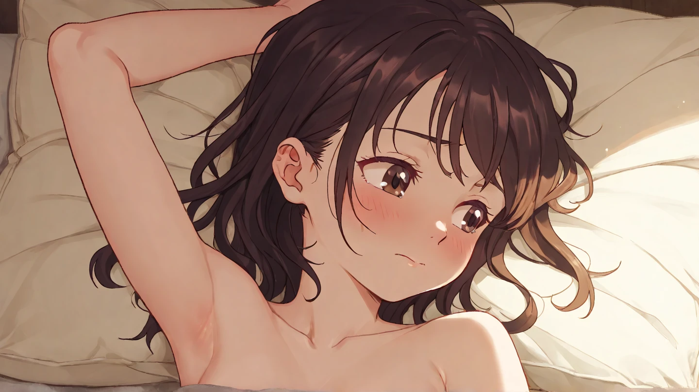 Highest quality, Super Resolution, 8K, Delicate depiction, Masterpiece, A bright, sunny room, Clear and detailed facial features, Cute face, too yang girl, Petite body, Immature female body, Perfect Anatomy, Beautiful stepsister JC, Lustrous brown hair, Pigtails, Getting naked, Erotic, Lie down on the bed, Being sexually aroused, Feeling facial expression, Watery eye, Shooting from an oblique angle looking down, Small breasts, (Small breasts:1.4), Showing nipples, The nipples and areola are pale pink., Firm, well-shaped breasts, Cute face, topless, Boldly showing her pussy and anus, Spread your legs wide, Beautiful virgin pussy, I want you to touch my pussy, I want you to see my pussy, I'm excited to see your erect penis, A thin layer of pussy juice is oozing out, A lewd act only shown to you, The expression that seems to be about to climax, I can't stand it, please, Heavy breathing, Sweaty bangs, I dedicate my hymen to you,