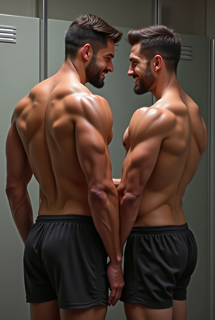 Photo realistic image of a 4 white teacher group, tall and beardless, very muscular on a date with tight sports uniform on his big hairy muscular legs in love with a very young short teenage boy student in uniform thin kissing