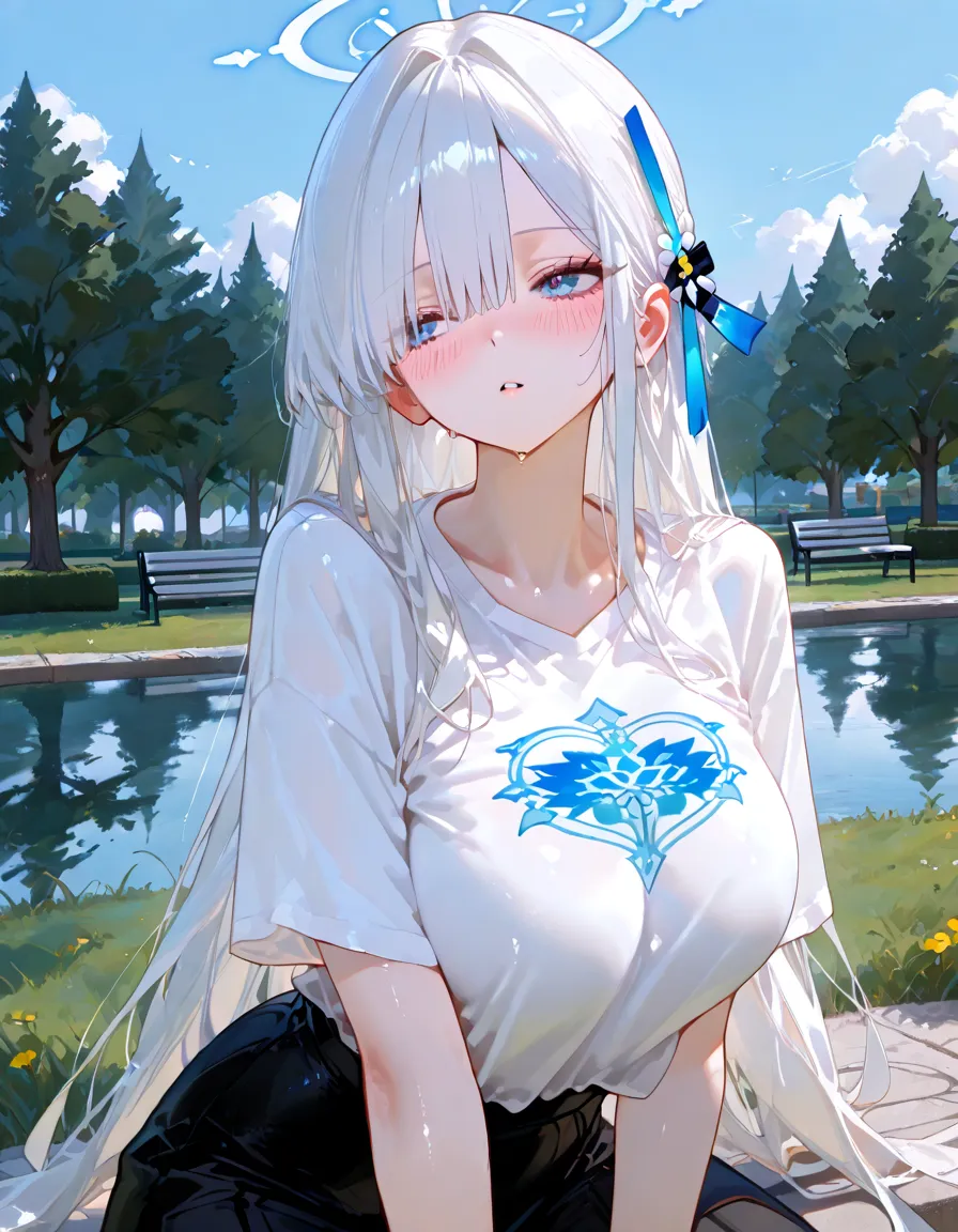 muscles, sitting, undercutting, facial hair, flower field, water, depth of field, dusk ((highest quality + illustration + masterpiece: 1.3 + super detailed: 1.2)), a super detailed grandmother, (super detailed face + eyes), cinematic lighting, (gray hair + long hair), sportswear, medium breasts, upper body, looking at the audience (casual expressions), random scenes, random weather, (color), (slow motion: 1.2), (soft light and shadow: 1.3).