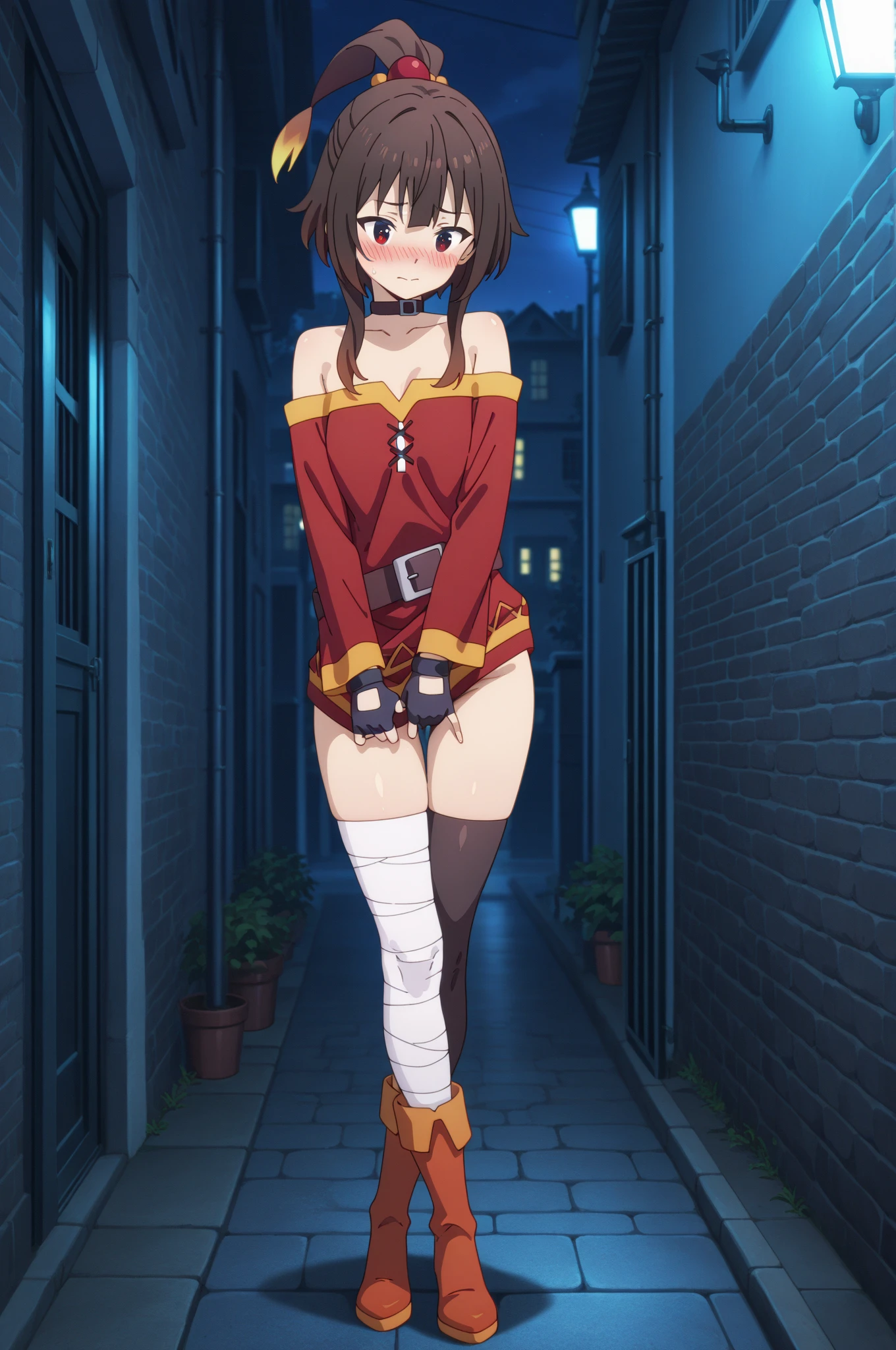 masterpiece, best quality, highres, 1girl, solo, superhero, leotard, bare legs, brown hair, short hair, brown eyes, hairband, medium hair, ribbon, boots, matching boots, medium breasts, cowboy shot, standing, smile, city backdrop, haruhi suzumiya, sleeveless,