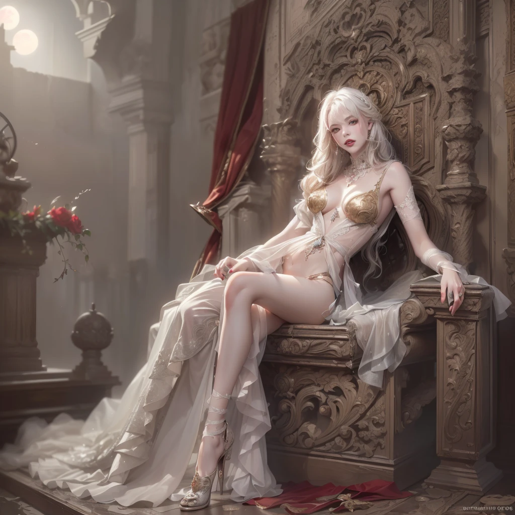 （Positive focus），（in the darkness nigth：1 rapariga），Fantasyart，abstracted，动态照明，Volumetriclighting，Very detailed faces，4k wallpapers，Beauty snake，Human snake tail，Red bra，White sheer veil，half-off clothes，Smile Expression，long  white hair，Realistic expressions，huge tit ，perfectly proportions，high-heels，Play with hair，Human anatomy