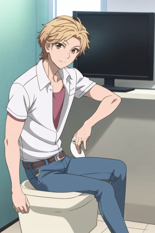 score_9, score_8_up, score_7_up, source_anime, rating_safe, , (realistic:0.6), looking at viewer, , 1boy, solo, male focus, <lora:masaomi_kida_pony:0.92>, masaomi_kida, blonde hair, brown eyes, short hair, hair between eyes, straight-on, full body, office, computers, day, spread legs, open mouth, , <lora:sdxl_lightning_8step_lora:1>