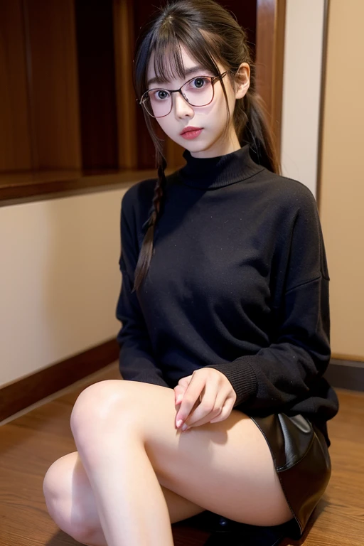 there is a woman sitting on a chair with a pair of glasses on, with glasses, reluvy5213, 奈良美智, taken with canon eos 5 d, sexy :8, taken with canon 8 0 d, with glasses on, sakimichan, japanese model, close - up studio photo, chiho