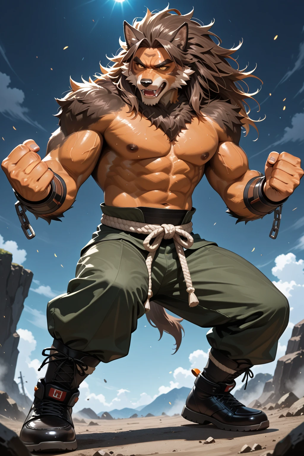 (RAW image quality:1.4), beautiful feces, bright pictures, sunlight, 8k, RAW image quality, masterpiece, highest quality, (1 male), Black Fox Mask:1.2, A man wearing a fox mask on his face:1.5, 35 year old male, blonde long hair, bodybuilder:1.4, There is a large tatu in the upper body:1.3, alone, wizard&#39;hat of, naked black pants:1.4, dark tanned skin:1.4, muscular body:1.4, 6 pack, ((small boomerang pants)), Detailed undercover investigation, beautiful blue eyes, oily skin, (sweaty skin), high quality water, super settings, Random Battle Poses, pubic hair on the lower abdomen, ((angle from below)), 8mm fisheye lens, Detailed CG image quality, The background is a stormy sea, Severe lightning strike,