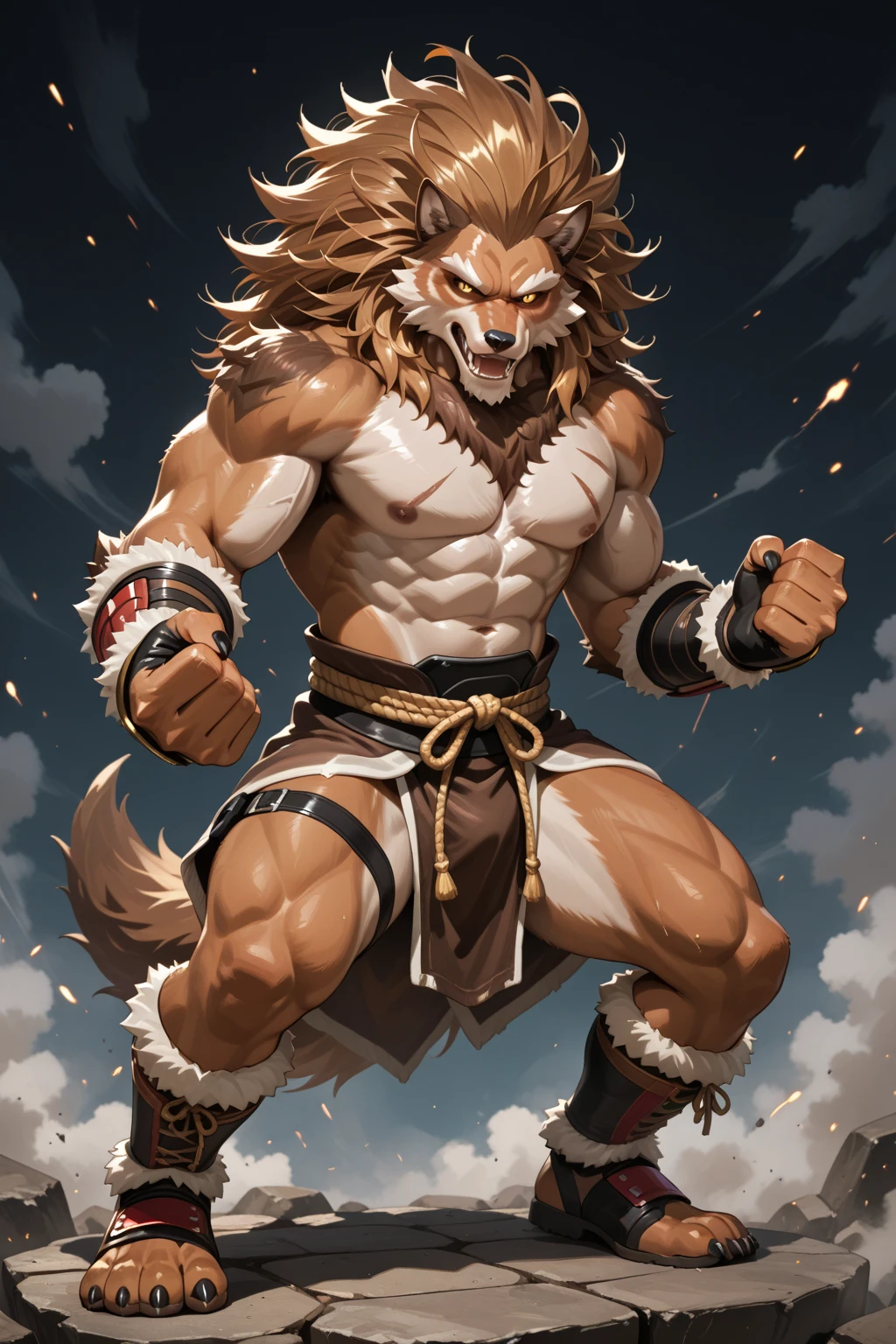 masterpiece, Best quality, A high resolution, fantasy, adult male werewolf, shows sharp fangs and grins, brunette with short hair and shaved temples, with scars on the body and face, with yellow wolf eyes, full length, getting ready to fight