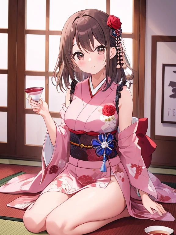 top-quality、extremely delicate and beautiful、Soio、8-year-old little girl、Chiquita、japanes、elementary student、A dark-haired、(Pink leotard)、dress room、Tiara on the head、A smile、is standing