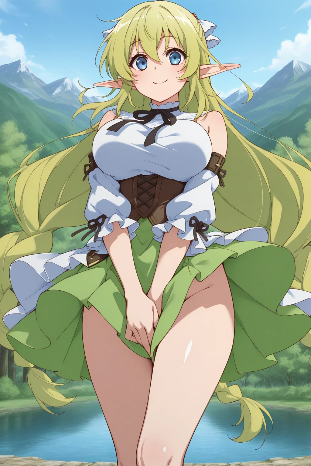 One Girl,lease,Green Shoulder Armor, sweating,blush,Grin,Cleavage,Wet body, Back to viewers,((From behind)),((From below)),teeth,White panties, sweating,vapor,((Side Squat)),teeth focus,((hands on teeth)),Five Fingers,in the forest,Side waist,thigh,ふくらteethぎ