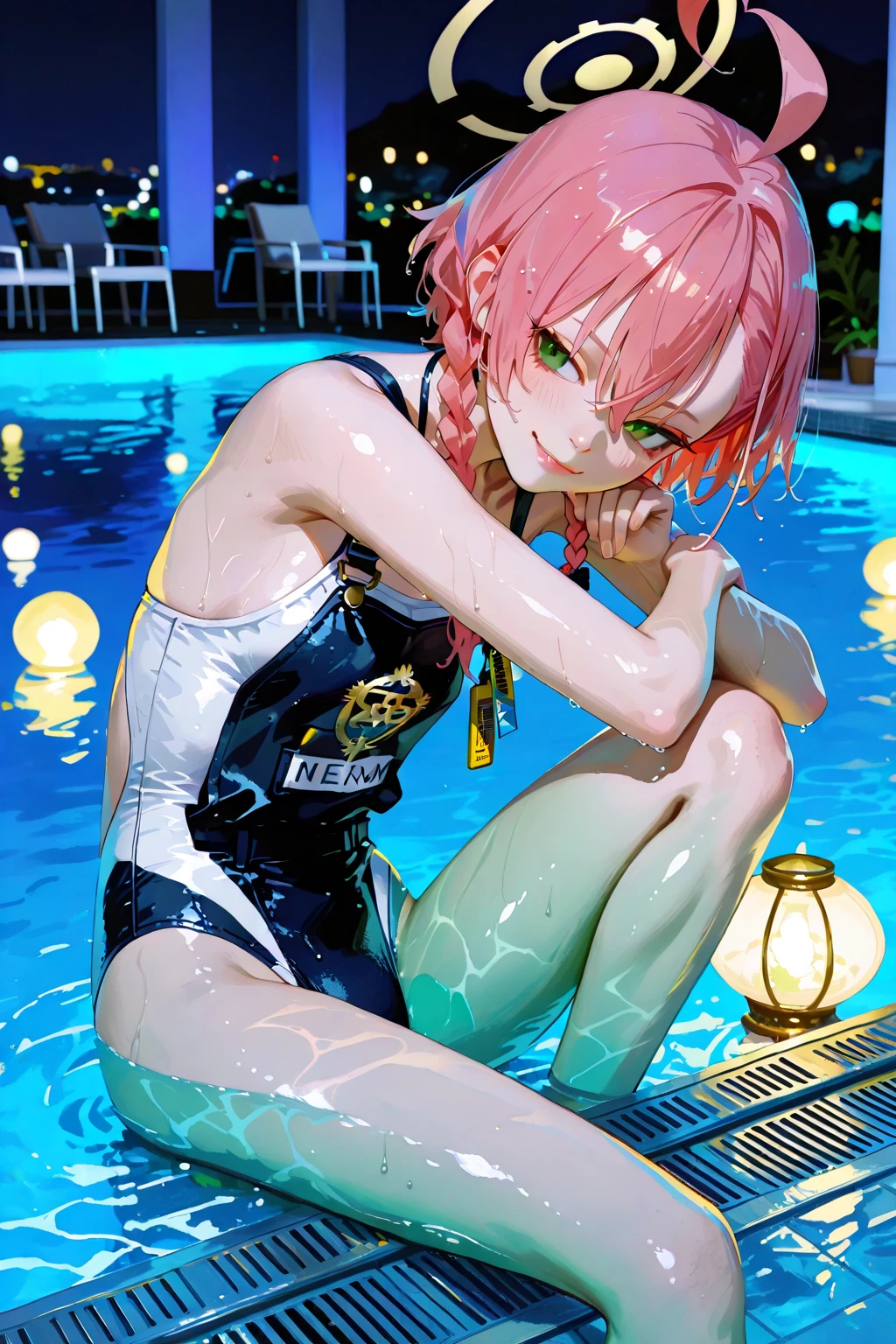 Swimming Lessons,PH Momo, momohd, phmomo, Solo, 1girl in, Pink hair, Purple eyes, Short hair, Hair Flower, Wear a student swimsuit, Big eyes, embarrassed,