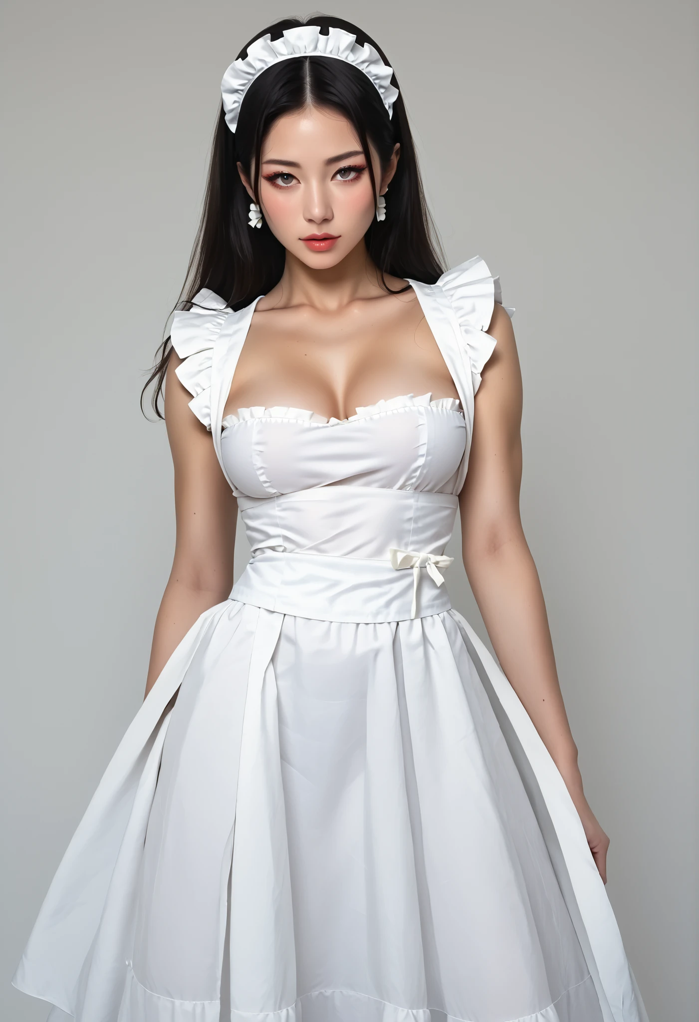A beautiful hyperreal woman who represents Sailor Moon. Black hair, very big breasts, giant butt, tiny waist. Her face has Japanese anime features. She has long straight black hair down to her waist. Design a refined, sexy and elegant dress with serious colors like black, white or gray. The dress should be fitted, striking and extravagant, incorporating details such as exaggerated ruffles, jewel applications or luxurious textures. Use vibrant colors such as fuchsia, turquoise or gold in belts, bows, embroidery or abstract patterns to contrast with the sobriety of the base of the dress. The design should be unique and capture attention with its combination of refinement and extravagance. She is at an important fashion event.