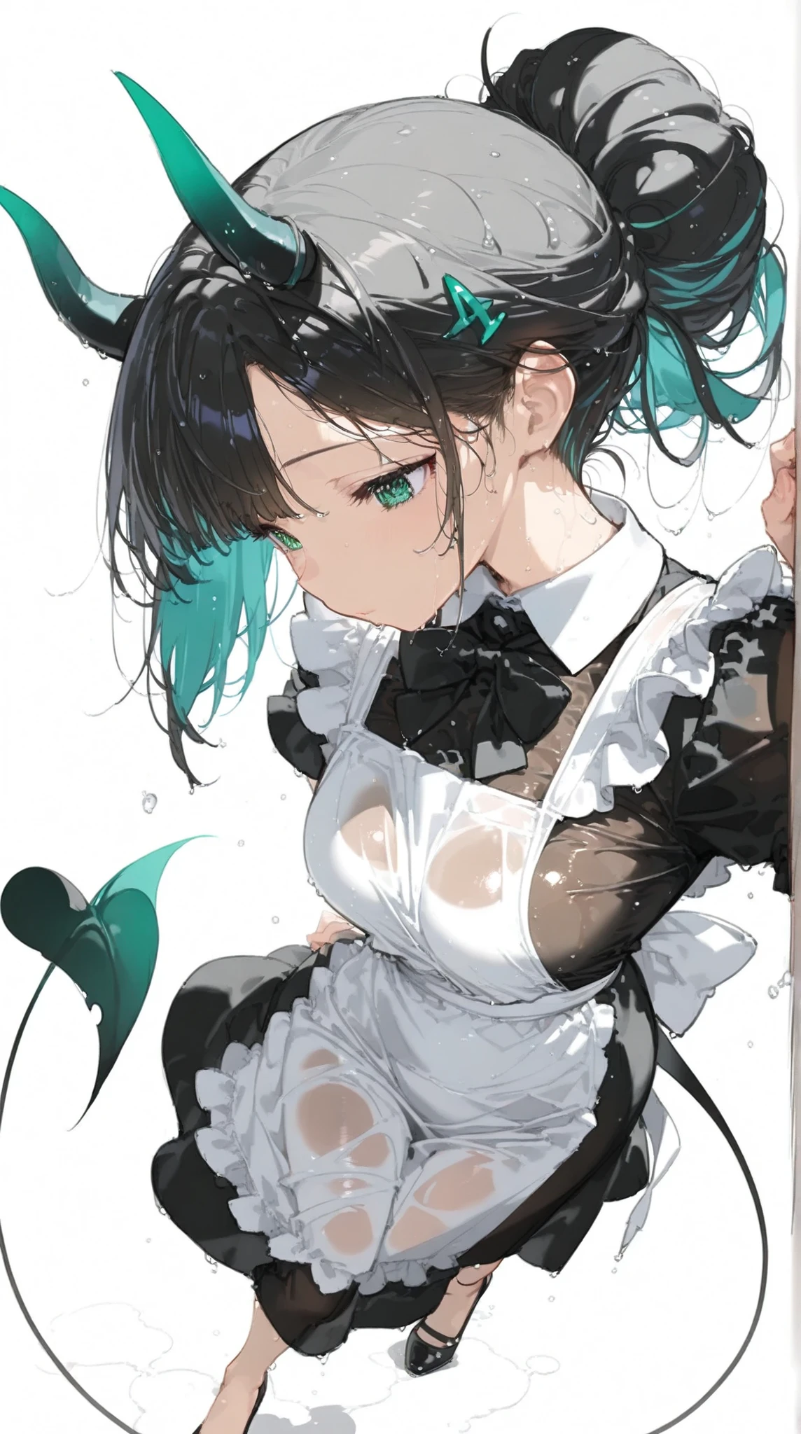 (((White background)))Wet hair,Wet clothes,A woman in a black maid outfit black hair very long hair、Updo Have a big crystal ballFull body black Adult woman with dragon horns and tail black hair(High resolution masterpiece, , high resolution mode, highest quality: 1.2)(masterpiece: 1.5) Black hair, , black hair, girl, highlight color hairstyle, inner color, shiny black bangs,oblique bangs, beautiful green eyes, bull drooping eyes