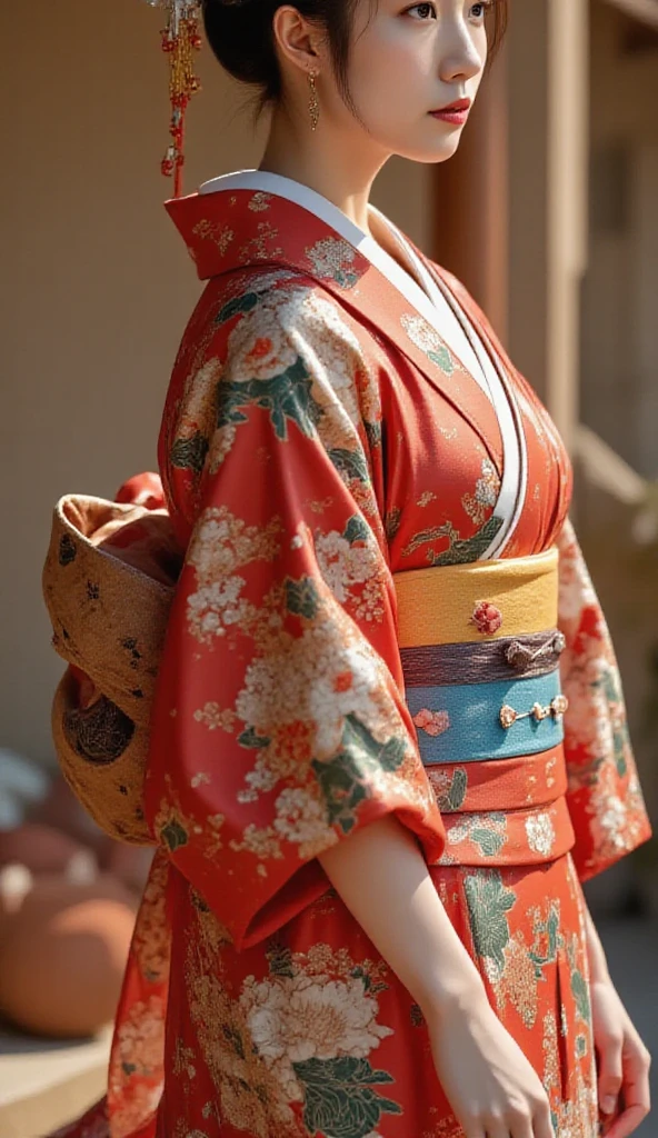 has an effectively curved body. ,I'm looking back and staring at me from a crouched back position,turned faceがよく見える構図,, a kimono with red short sleeves,White obi jime,facing seriously. turned face,he is seriously looking down . My shoulders look like a tattered antique poster .  the head is slightly turned towards the viewer .  My face is facing the viewer . Very long hair in a ponytail,Bare arms and shoulders. Leather Armband.  two sword style, ink graphics,  scattering all over the background.sepia.The background is an old  shoji,They are gathered at . Japanese calligraphy ,  Pictorial Text. large stylized red circle similar to the Japanese flag,  background is an old,  wooden wall .  the arm is loosely lowered along the body . They are gathered in an old wooden texture . and a kimono with  marks all over the background. The overall art style is colorful and slightly rough々Seems,  young Asian samurai girl .  damaged old leather vest、framed in a dim . emphasizes detail and calm strength. Ukiyo-e, samurai style , color scheme is calm. line of motion,  frame on top of the head . masterpiece, Super Detailed, 8k

