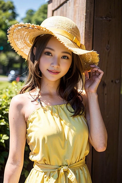 (((One piece and straw hat:1.5, grassland))), Dynamic, cinematic photos,(Ultra Realistic, High resolution), (Highly detailed eyes, Highly detailed hair, highly Detailed face, Highly detailed plump lips,Perfect Anatomy),(Highest quality:1.4), (Realistic, photo-Realistic:1.37), Professional photography, Cinematic Light, (Detailed face: 1.2), slim,(Beautiful leg lines:1.5 ),(Famous Japanese actresses:1.2), RAW Photos, Highly detailed skin,very thin fingers, Highly detailed nose, Highly detailed mouth, smile