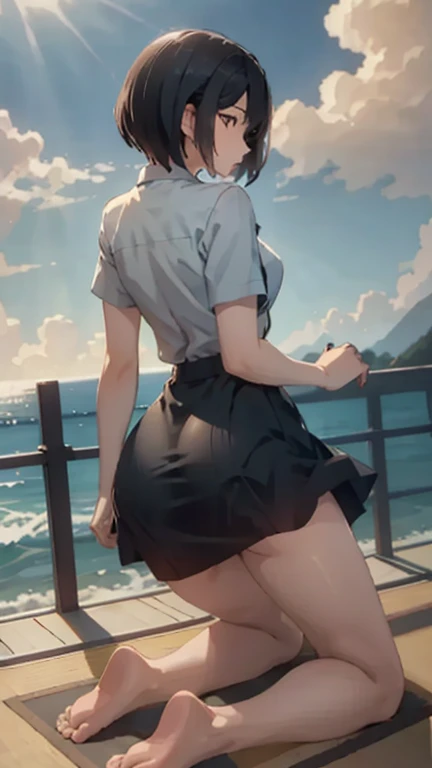 Woman back, full body, huge ass, thin waist, torn skirt, wet skin