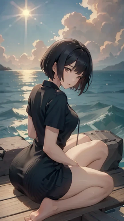 jujutsu kaisen screenshot of a woman with long straight black hair, with straight bangs, with slanted and small blue eyes, a beautiful landscape behind her, MAP, season 2, and with the jujutsu kaisen uniform 