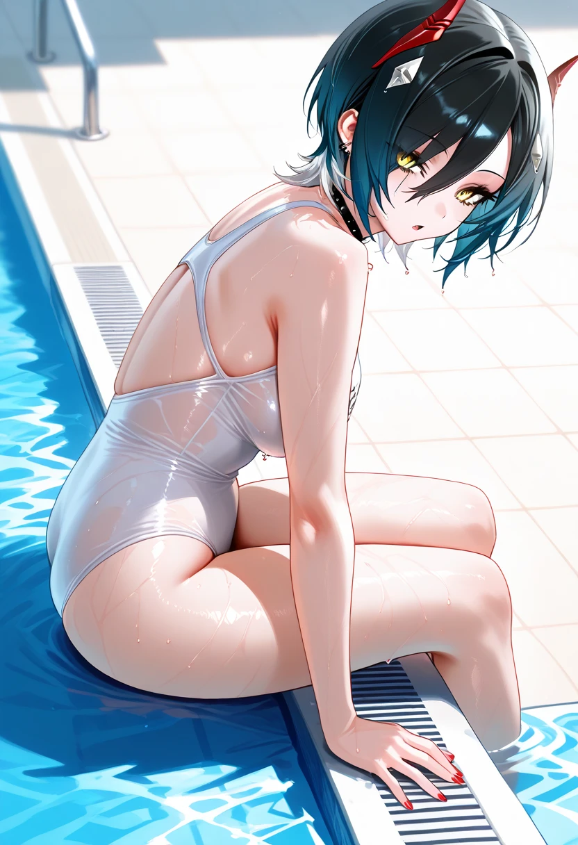 18 year old black man, Dark Skin、Visible nipples、Short Bob、boyish、small size of breasts, Flat Chest、Slim body, Squat posture、Spread your legs, Spread your legs, Only one girl, One piece swimsuit、Navy blue school swimsuit、Front of body、looking at the camera、Scared、Shame play、Embarrassing、Are crying、Flowing Tears、barefoot、Girl urinating indoors、Auction Venue、Armpits、Hands behind head