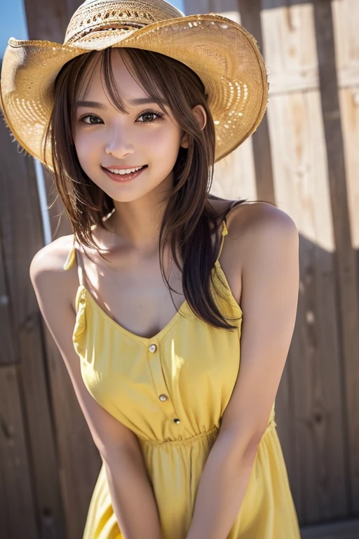 ((looking at camera))、(((look at the audience)))、Outdoor shooting、((real photos:1.5)),realistic、live action、big breasts、cleavage、Photo from above the kneeasterpiece、4k、highest quality、beautiful korean woman、yellow costume、detailed description、1 girl、23 years old、(rompers:1.2)、bob cut、red lips、nature、written boundary depth、cowboy shot、smile