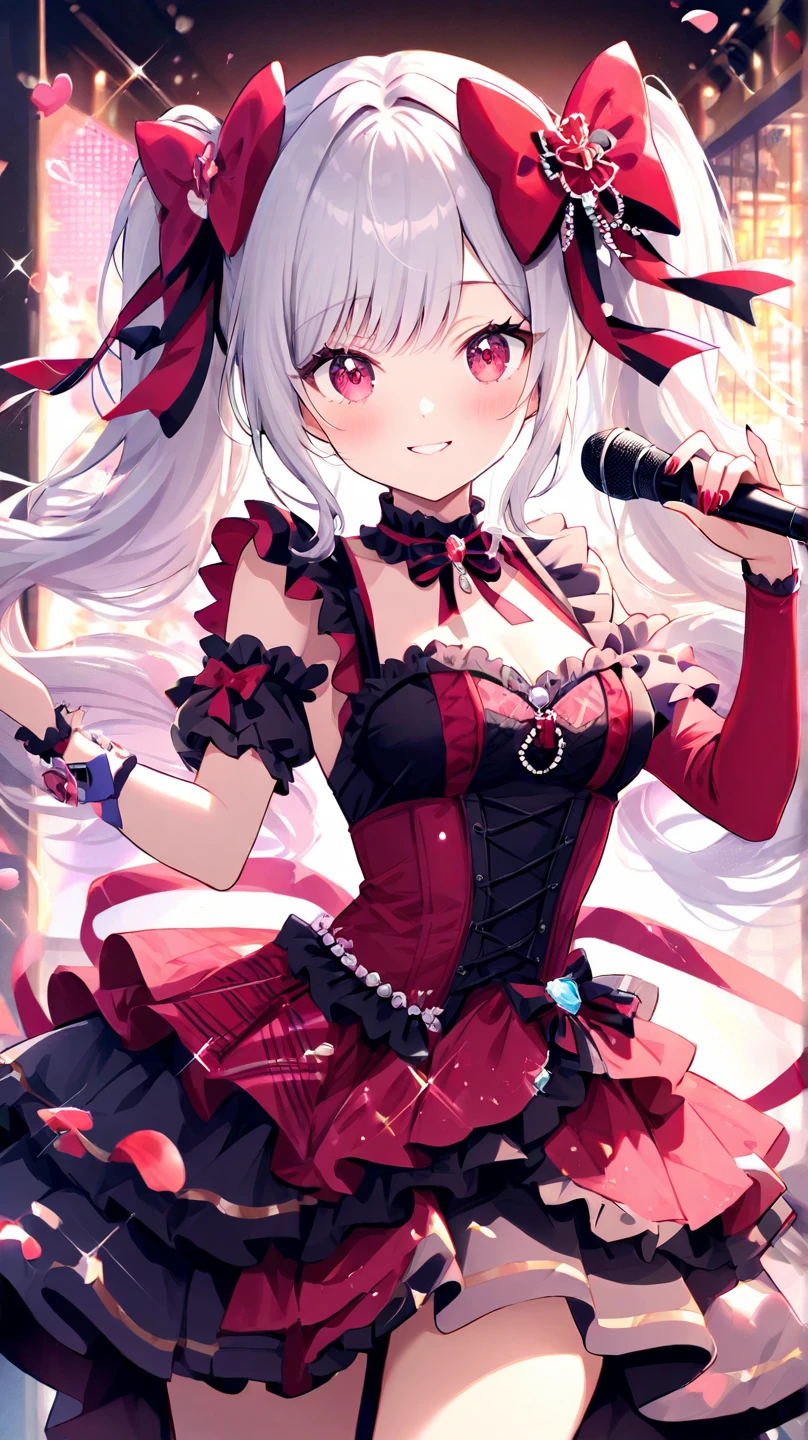 非Highly detailed face,fine grain,Highlighted eyes, medium breasts ,pretty girl, smile shyly,Cat ear,Beautiful silver hair,Pink inside,Beautiful pink eyes,shiny skin, beautiful shadow, singing scene, dress scene, looking the viewer, Represent idol in bright colors, Represent idol dress in colorful colors