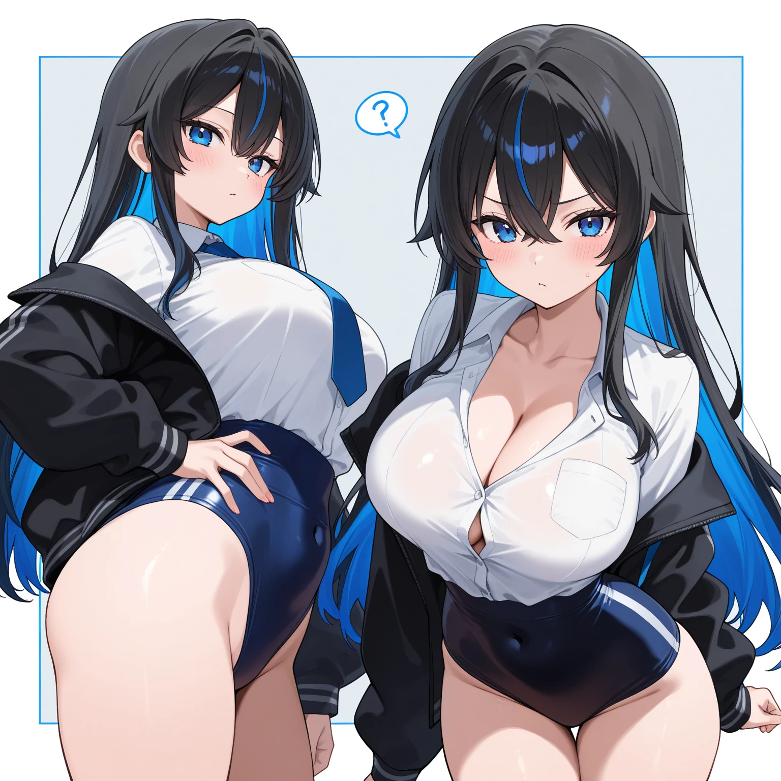 (Cute eyes:1.2), (Sparkling eyes:1.2), (8k、Best image quality、highest quality、masterpiece)、Detailed face、(2 girls)、Improve、(Black Hair, Purple eyes, Long Hair)、(Open your mouth), (Embarrassing), (Skinny body:1.3)、(Off-the-shoulder school swimsuit:1.2), (Exposing shoulders:1.1),(Cleavage), (Crop Top Belly Button), (((Very big 、とても太いThighs、Very big ass)))、((Bitch、Prostitute、Vulgar expression))、(Black Stockings:1.1), (Thighs:1.1), (Waistline:1.1),(Close-up shot of the bust), (From above:1.2)、((Show off your and))