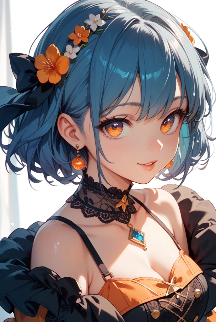 Realistic image, A consistent image, Detailed Images, 1 beautiful girl. She has short light blue hair that reaches her shoulders.、The bangs reach down to the eyebrows。. On top of the bangs, Yura is wearing a black headband and a hairpin on her left side.。. purplish yellow eyes, Long eyelashes. Her face is oval and delicate.. Smile seductively. I'm wearing a shirt that shows my chest, Jeans Shorts, Thigh-length stockings. She has a curvaceous figure, Medium bust and thick thighs. Surrounded by European shops, Petals falling. Natural light in front, Volumetric lighting