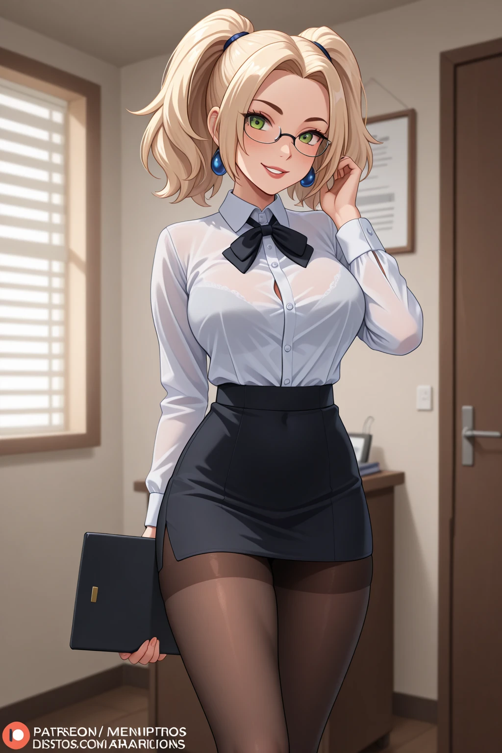high quality, masterpiece, Detailed Image, Young woman, Kiriyu Moeka, brown office skirt,sky blue shirt, Breasts size 6,skirt with vertical stripes, Glasses, cute face, красивая Young woman, Kiriyu Moeka стоит в офисе, thin tights, Young woman одета, blonde hair