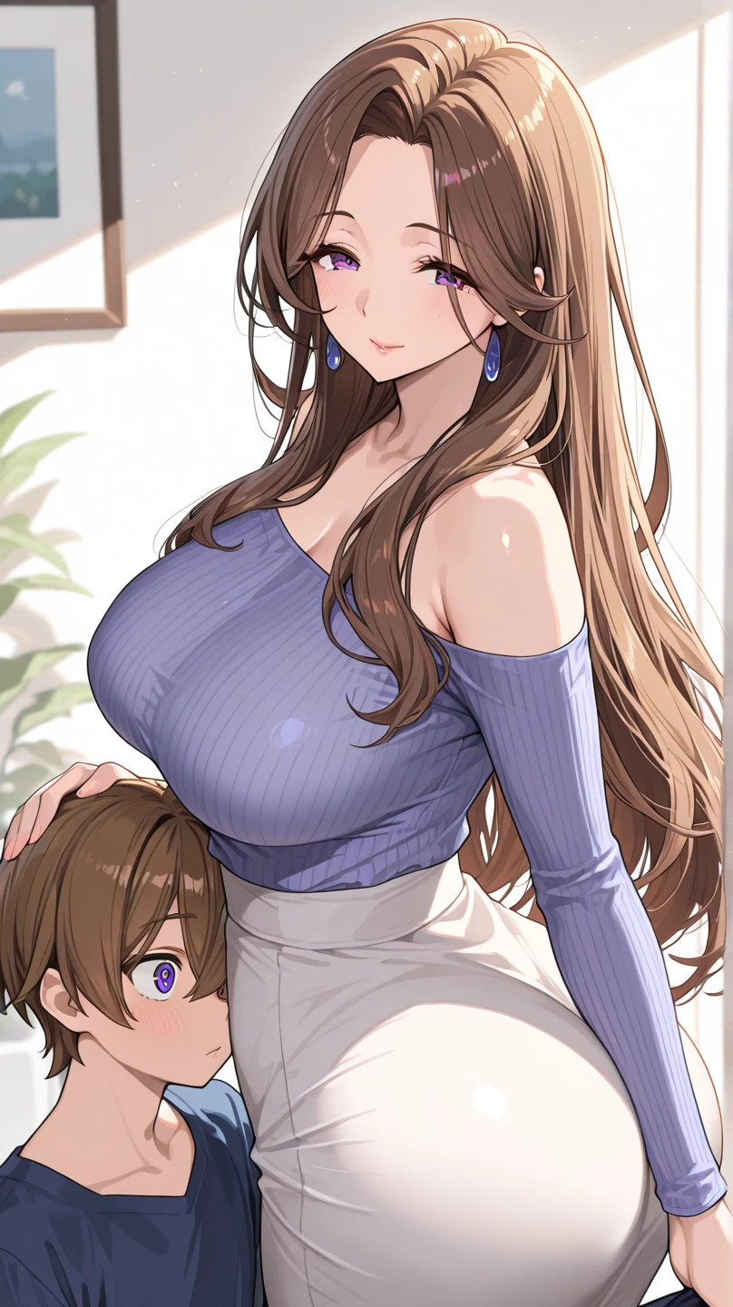 score_7_superior, score_6_superior, Highest quality, Anime screenshots, Clear Face, 1 Female,Naked Big Tits, sweater, jeans, Long Hair, Brown eyes, arms superior, One boy, Shota, smile, Size Difference, Face to face, Bedroom, from the front, Grab another breast and put your finger into her hairy pussy, one hand,nsfw