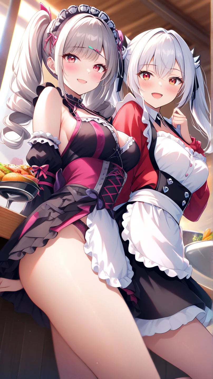 highest quality、masterpiece、((2 girls:1.5))、((smile:1.3))、(blush:1.3)、Black Shirt、blouse、((fun!!))、(Small breasts)、()、Blonde、(Long sleeve)、((White apron:1.5))、((Maid))、((hair ornaments)),、Kamimei、look at me、 ((in house:1.5))、 Taking a break from watching the audience、Cowboy Shot、(Skirt lift:1.3),(Highly detailed pink striped panties:1.3)、(Highly detailed panties:1.3)、、(スカート that rolls up:1.3)、(Panties fully exposed:1.5)、Light blue eyes、long hair、Glowing Eyes
