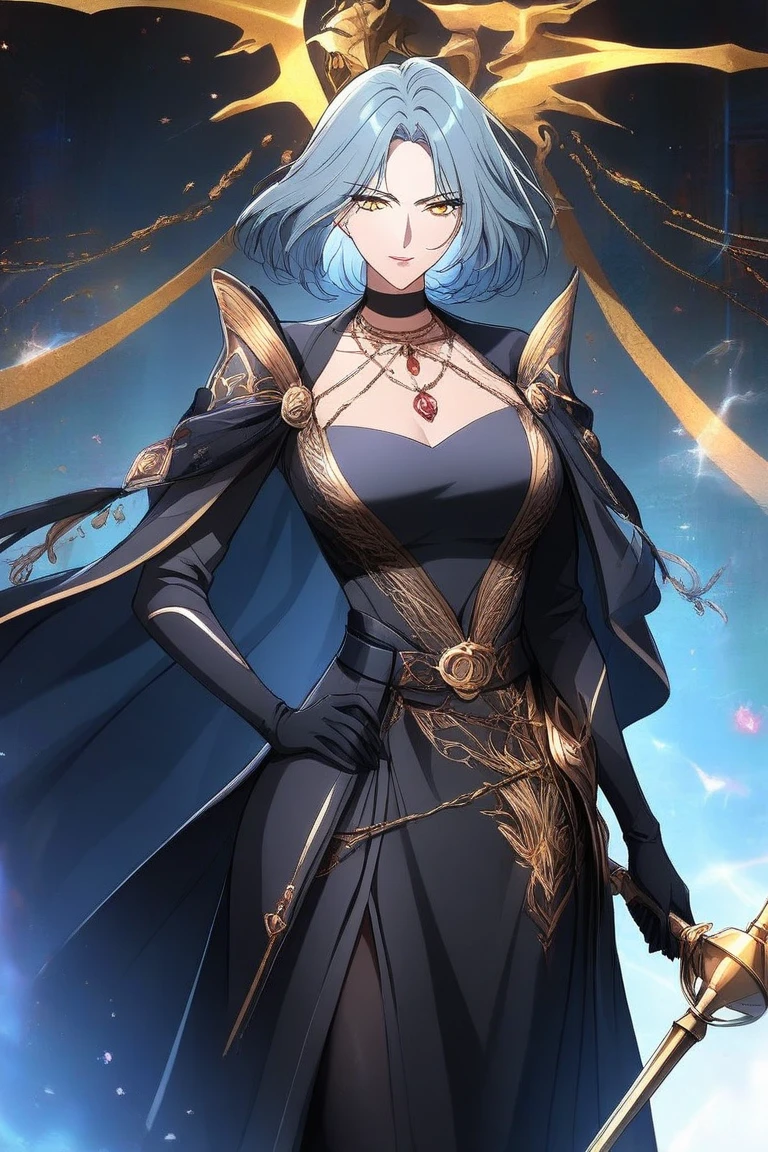 A mature woman with short shiny blue hair, sporting a sleek and modern hairstyle, slightly lowered eyelids emanate a wild aura, your stern face, but captivating, carries a disdainful smile, She has a slender and elegant figure, a multi-layer folded long dress inspired by fantasy martial arts, the low neckline shows off your impressive cleavage, wide flowing sleeves, longskirt, dark blue as main color, complemented by yellow-orange details, the scene takes place in a busy fantasy-style tavern, This character embodies a finely crafted wuxia-style fantasy warrior in anime style, exquisite and mature manga art style, High definition, best qualityer, high resolution, ultra detali, ultra-fine painting, extremely delicate, proffesional, anatomically correcte, symmetrical face, extremely detailed eye and face, high quality eyes, creativity, CRU photo, ultra HD, 32k, naturallight, cinematic lighting, work of art-anatomy-perfect, work of art:1.5
