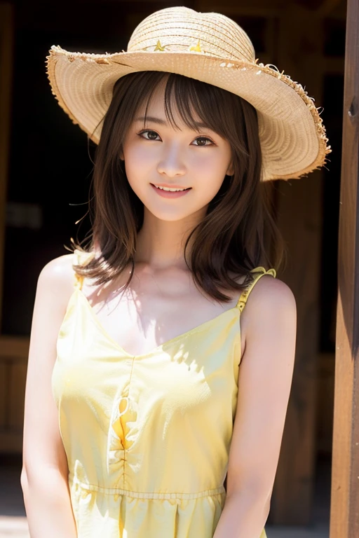 (highest quality, very cute girl), thin and thin eyebrows, 　yellow bikini , (amazingly beautiful breasts) small breasts,　gravure, looking at the viewer, 16 years old one japanese girl,　 beautiful straight bob hair,　flowing bangs,　small head, medium breasts, sharp focus, fine skin, eyes and face,　The background is beautiful and wide.. luxurious and beautiful 　,　( Tutor:1.3), shy smiling, standing straight,