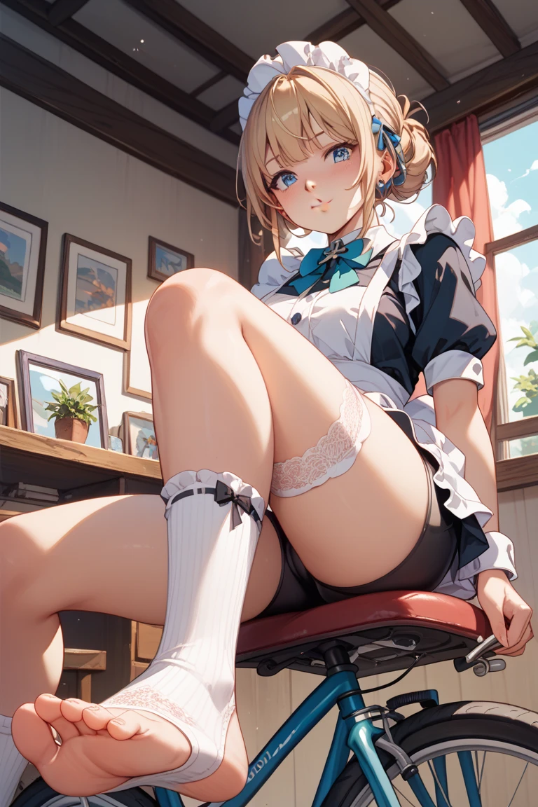 top-quality、masuter piece、8K、Photorealistic anime drawings、1girl in、23years old、Blonde ponytail、Sit on a desk、spread legswide、Raise one leg、up skirt、(Black and white theme:1.2), (white collared shirts:1.5), ((Navel):1.4), (Breast knot:1.4), ((unbuttoned collar, Short sleeve):1.2), ((鎖骨, cleavage):1.3), (Black Low-Rise Pencil Skirt:1.3), (Garter Belt, Stockings:1.2), (Black Choker:1.2), (Black High Heels:1.1),