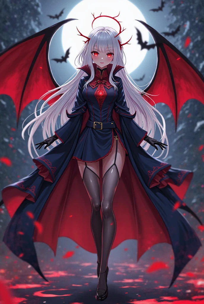 Vampire, girl, smaller chest, white hair, pale skin, red and black royal outfit and cape, very large black bat wings, dark nighttime, blood moon in background, blood red eyes, bloodlusted, smiling, NOT REVEALING OUTFIT, clothes cover whole body, sitting on throne, looking down at camera,