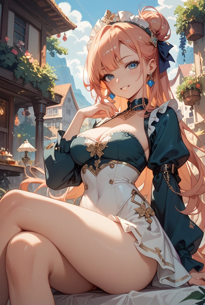 Pink rose garden and lake background)) Beautiful timed princess, In (( Romantic Setige)) Wear dark blue crystal earrings, Pink big breasts，pantiess，Harnes，stocklings，underdressing，kneeling down，buttocks visible，Chu Chu pitiful，Beg，perspire，butterflys，propose，