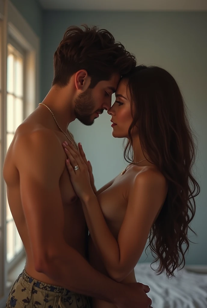 a beautiful intimate moment between ((2 naked people, a man and a woman):1.5) with sexy posture, huge saggy breast, detailed beautiful face, detailed perfect hand, hugging each other tenderly, front to back, on a sunset beach, dark love background, intimate and romantic ambient lighting, delicate and sensual, high quality, photorealistic, dramatic lighting, soft focus, extremely detailed, masterpiece, photon mapping