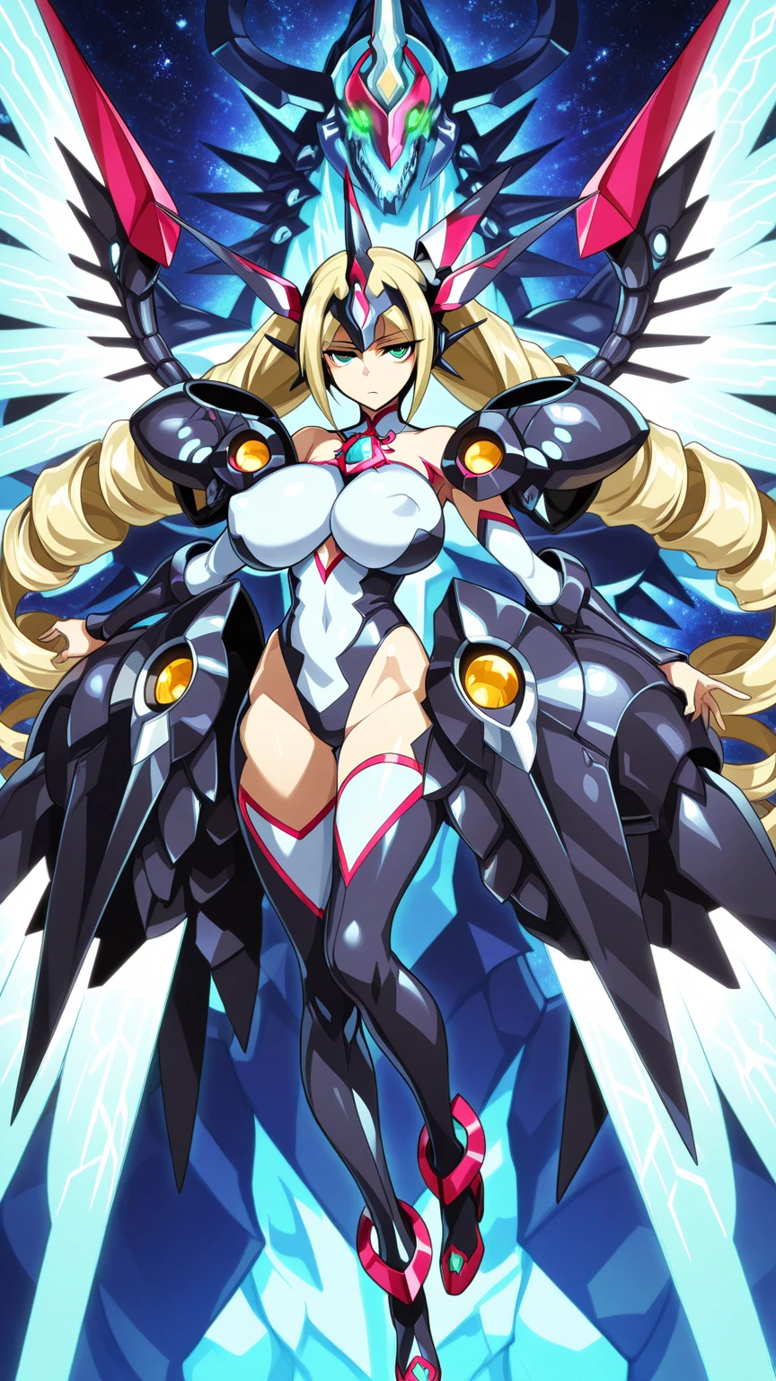 solo, mu-12, blue eyes, blonde hair, long hair, medium breasts, forehead protector, elbow gloves, robot ears, shoulder pads, ((upper body)),  <lora:mu-12 (blazblue):1>