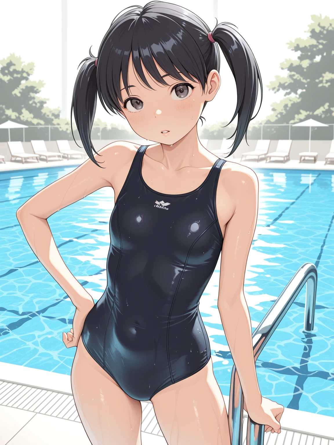 Browsing Caution、With the highest quality、Teenage girl standing in swimming pool。High resolution、Beautiful details、Quiet atmosphere。Black hair ponytail、Cute Smile.。Small breasts、Cute School Swimsuits。