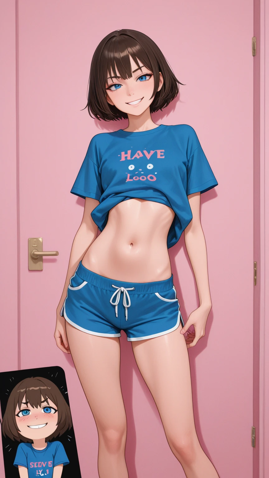 (masterpiece, best quality)),((highres:1.2)), 1 Girl, solo, Blurred Background, (((Small breasts))), Thighs, (Groin), gray stripe underwear, (long T-Shirts:1.3), (pixie cut:1.3), [[navel]], cheek, Excited pose