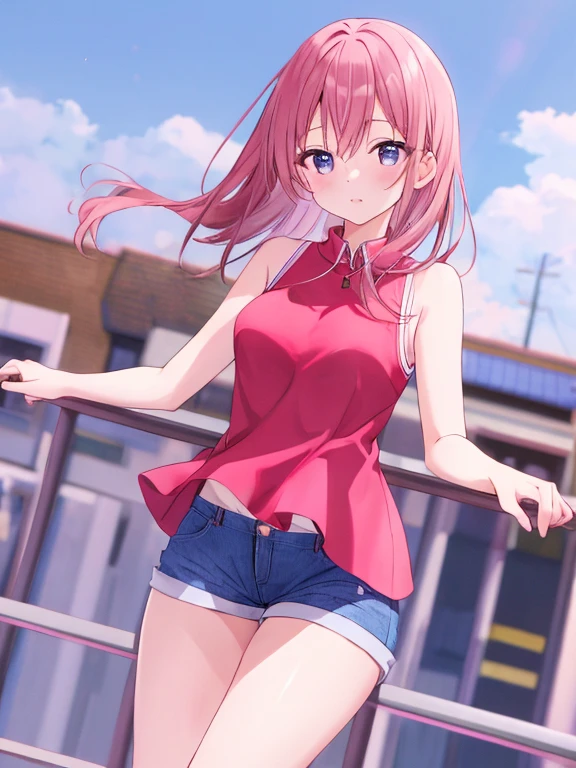 ((1girl)),((alone)), Sumi sakurasawa,(masterpiece), (best quality), (ultra detailed), (best illustration), (best shadow), (absurdities), sharp focus, cowboy shot , dynamic posture looking at the viewer, small breasts, narrow waist, wide hips, wide thighs, round butt, erotic, romantic, (very detailed eyes, lips 1.1), very detailed eyes, eyes, Very detailed face, Very pretty face, height full, beautiful slender figure, femininity, expressive appearance, elastic small breasts, increased sexuality, long hair, reddish-pink hair, red eyes, simple braid, hair bow, red camisole:1.4, ((cleavage) ), smile, panties with bow:1.4, two sides up, abdomen:1.3, unbuttoned, shorts:1.3, open shorts, denim:1.4, unbuttoned:1.3, bare thighs, white socks, red sneakers, bare thighs, defined body, perfect and beautiful body , perfect and beautiful, mouth closed, calm expression, blush, (sexy pose: 1.2), ((solo)), standing: 1.3, outdoor, cityscape, streets, city, day, clouds, looking back, from behind ,((focus on ass)), point of view: (from below), red blush, perfect anatomy, perfect hands,