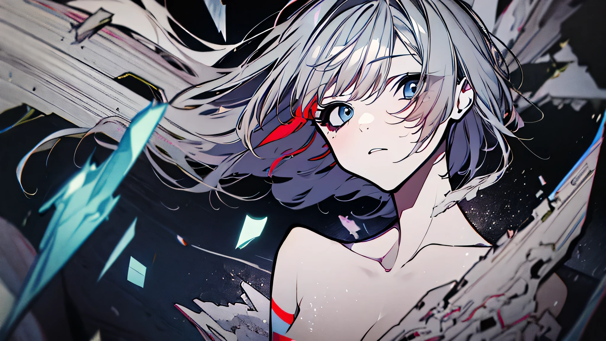 A semi-close portrait of a young woman viewed from the chest up, surrounded by floating shards of fractured glass and digital static. Her face is partially obscured by translucent glitch layers and abstract textures, as if blending into the background. Behind her, a soft storm of broken letters, surreal organic symbols, and static pulses swirls in silence. Muted, moody colors with restrained use of red and silver. Painterly composition, poetic and quietly chaotic.