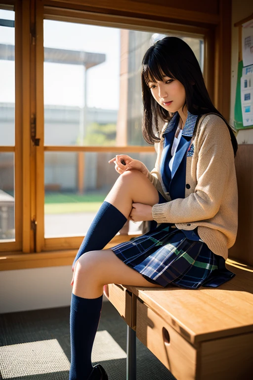 Dark blue high socks　Magic Mix Real、(Raw photo:1.2)、(Photorealistic:1.4)、The beauty of beautiful details　Delicate expression、Blonde、((Panties are visible))(Squatting panchira)Earrings　Eyelashes　Beautiful and fine details、Large file size、Ultra-detailed、High resolution、Transcendental beauty　Highest quality、masterpiece、、(Japanese high school girls uniform))、Extremely detailed representation　 grow、In detail、Highly detailed facial cinematic lighting、17-year-old girl、Positive、(Sit with your knees bent))、Pleated skirt、blazer、White panties、M-word、Wet panties、Light shines on panties、Thin thighs、(Showing off panties)、smile、Spread your legs wide:1.9、Spread your legs wider:1.5、